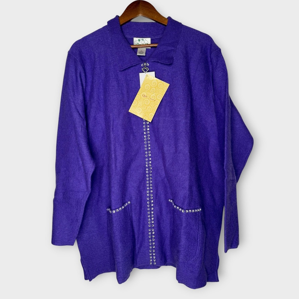 NWT Quacker Factory Purple 100% Boiled Wool Full Zip Cardigan Sweater Glam 2X